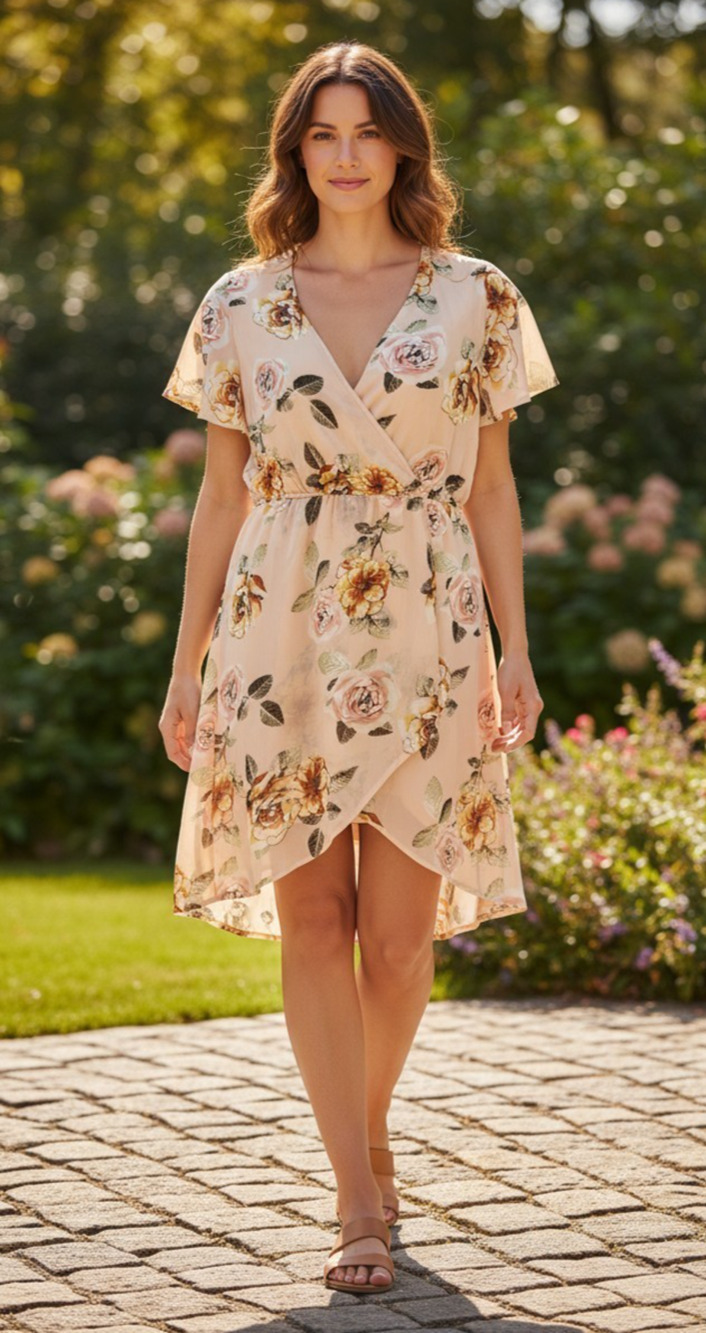 Signature Studio Sz M Wrap Dress Flutter Sleeve Lined Soft Pink Floral Romantic